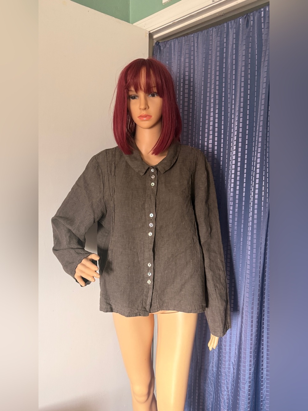 Vintage Willow 100% Linen Brown Black Textured Button Front Shirt Size L